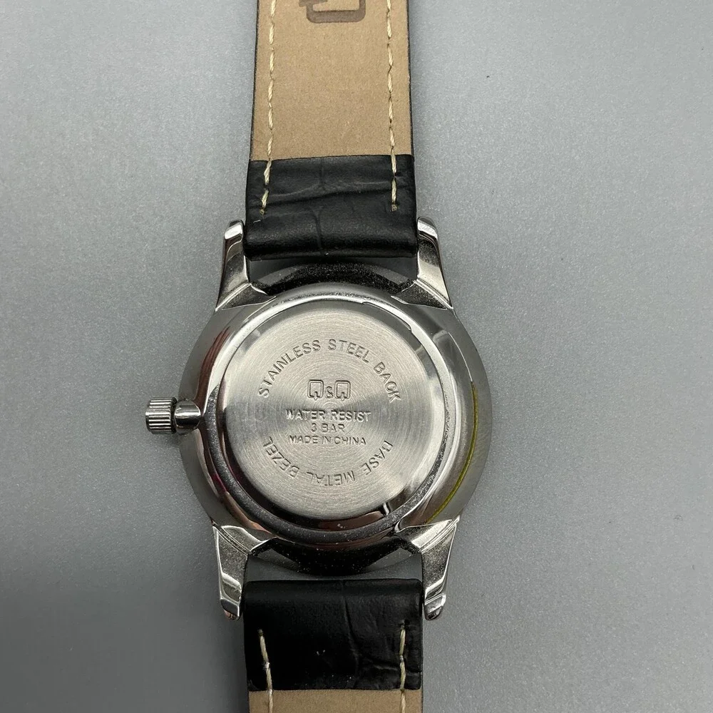 Q&Q Womens Watch 30mm Black Dial Silver Tone Black Leather Band New Battery